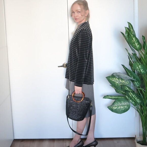 Talbots Grey & Black Striped Open Front Velvet Cardigan - Picture 9 of 16